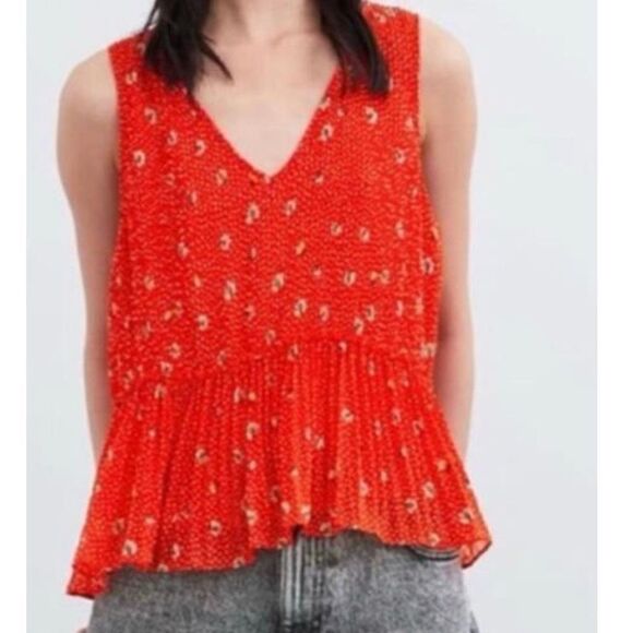 Zara trf collection pleated peplum shirt ORANGE WHITE size L - Picture 7 of 7